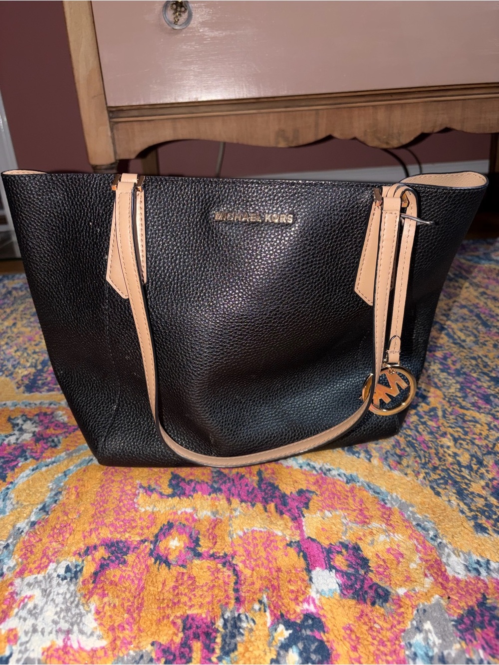 Michael Kors Black Pebbled Leather Tote with Tan Handles